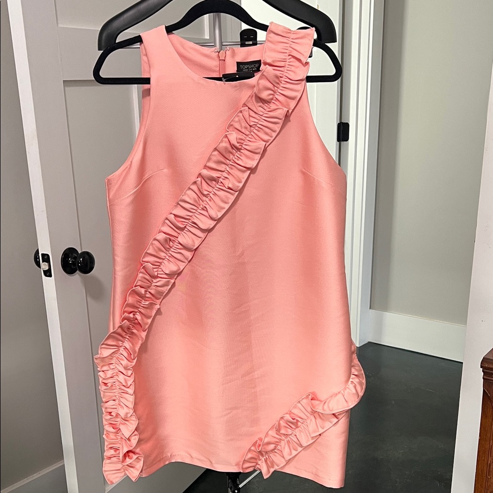 Topshop Coral Pink Ruffle-Trim Sleeveless Dress sz 12 nwt